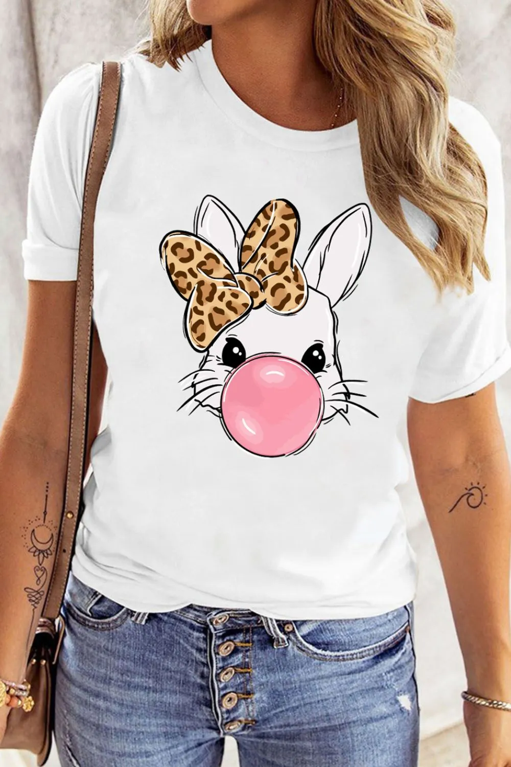 Leopard Bow Rabbit Graphic Round Neck Short Sleeve T-Shirt, image 2