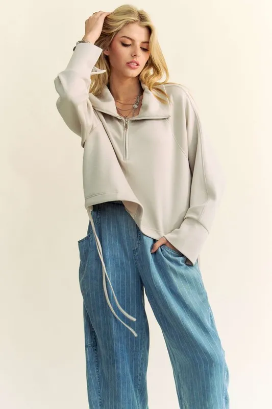 Drawstring Hem Half Zip Raglan Sleeve Sweatshirt, image 2