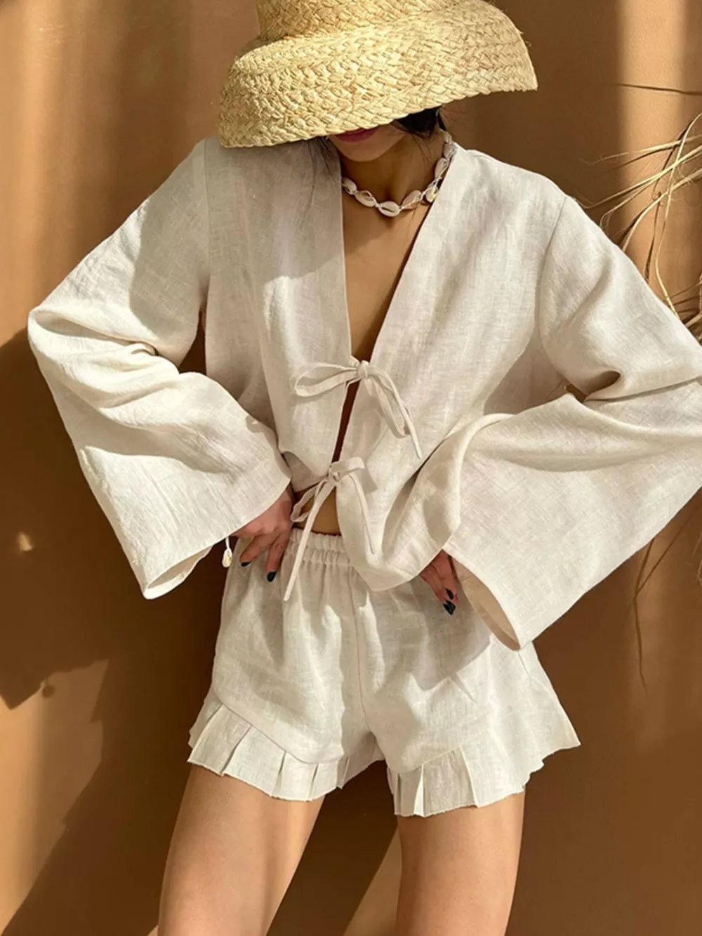 Tie Front Long Sleeve Top and Shorts Set, image 6