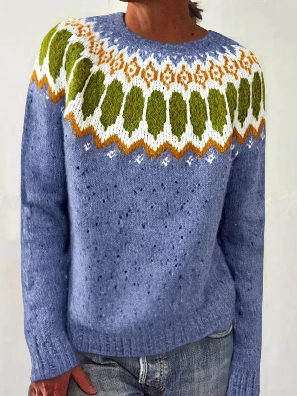 Full Size Vintage Patterned Round Neck Sweater Plus Size, image 16