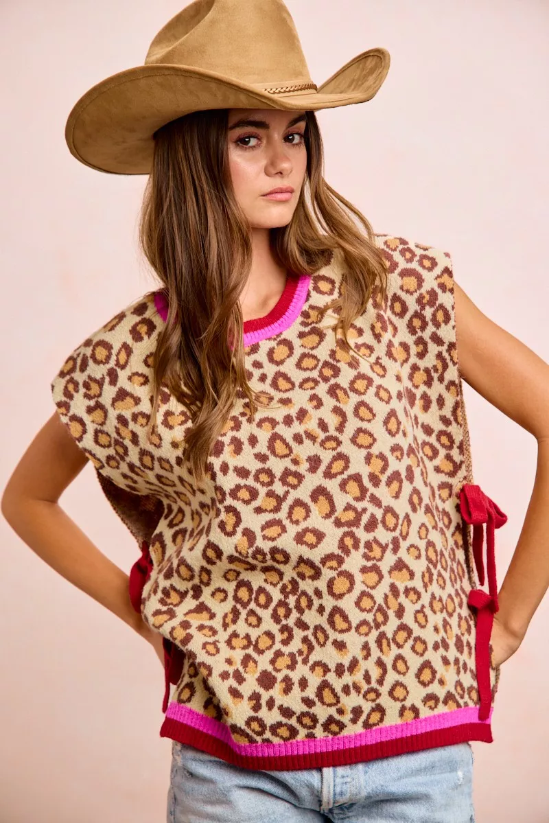 BiBi Leopard Pattern Side Tied Sweater Vest Top, image 11