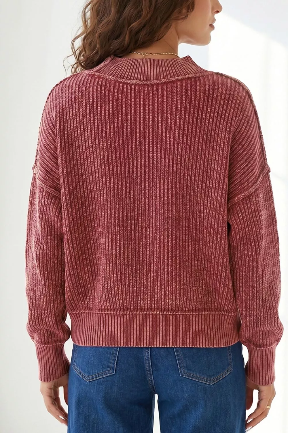 Drop Shoulder High Neck Ribbed Sweater, image 3