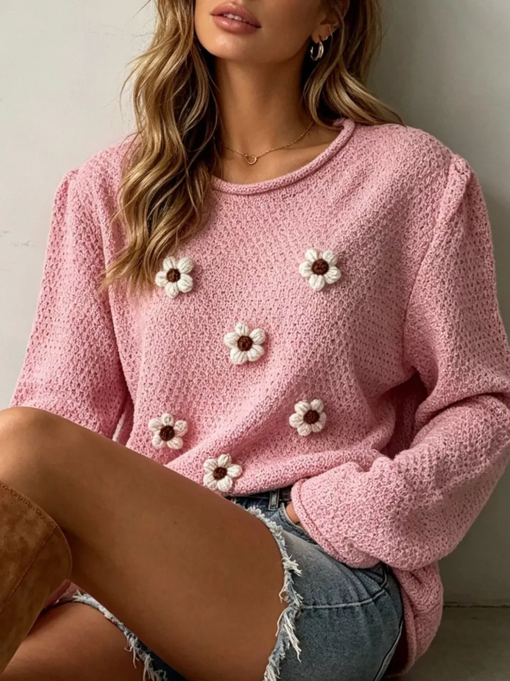 Full Size Floral Applique Textured Knit Sweater Plus Size, image 11