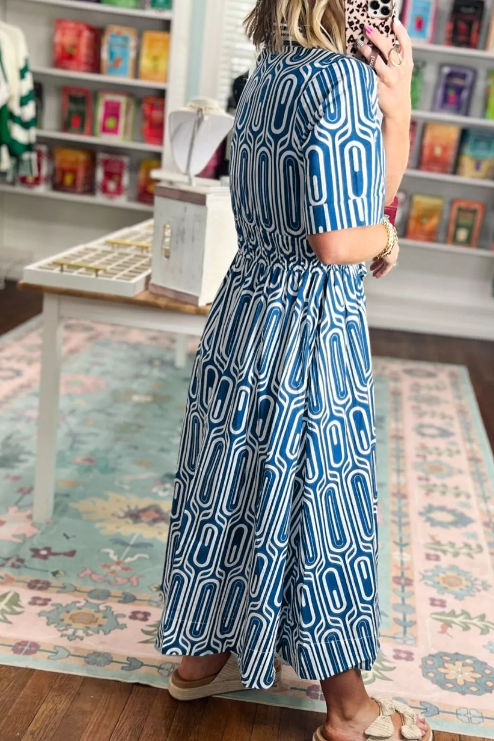 Geometric Print Short Sleeve Drawstring Shirt Collar Dress, image 4