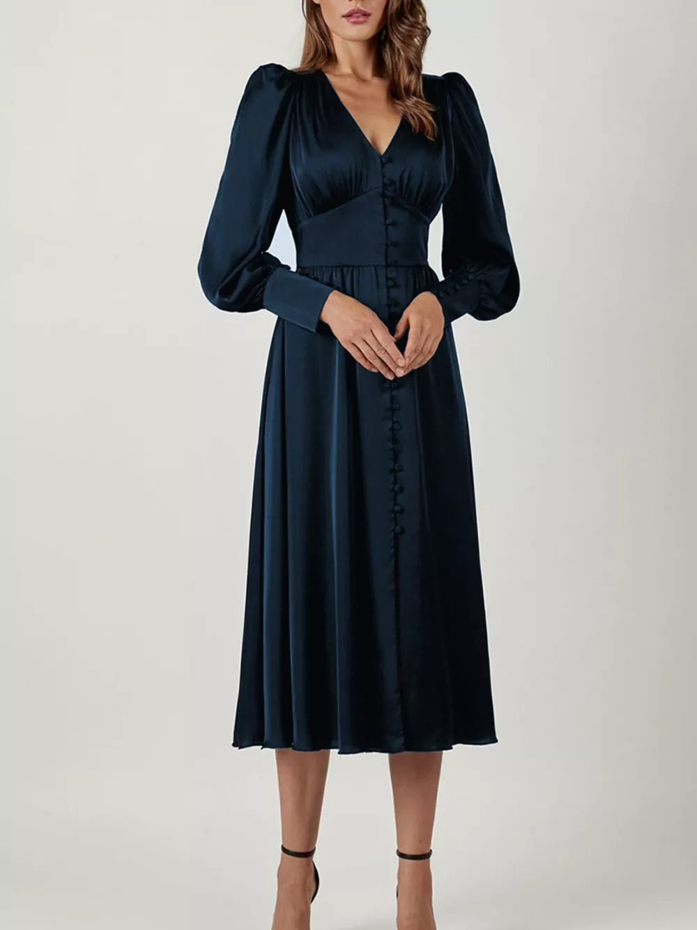 Elegant V-Neck Puff Sleeve Button-Down Midi Dress, image 22