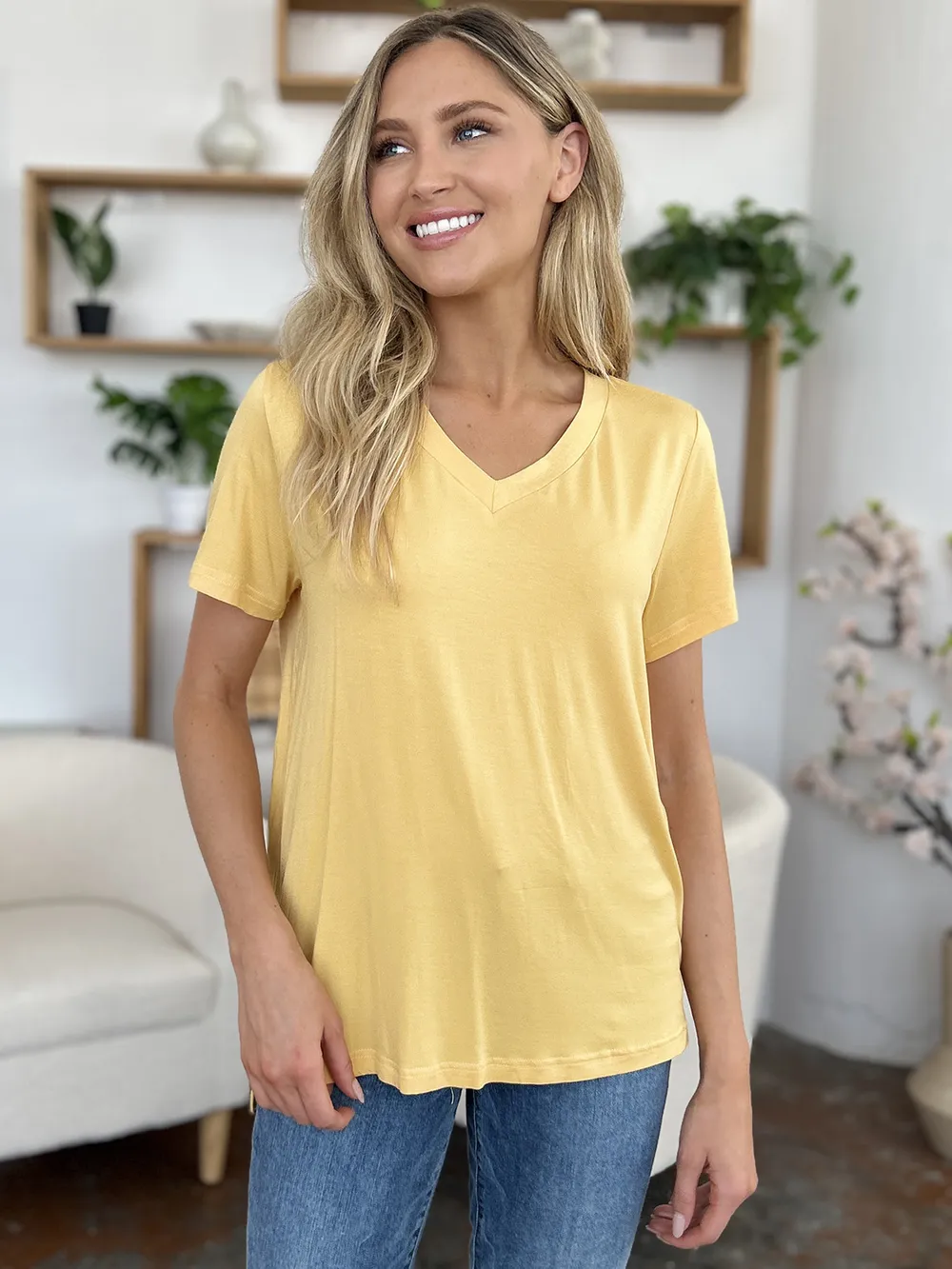 Bamboo Full Size V-Neck High-Low T-Shirt, image 5