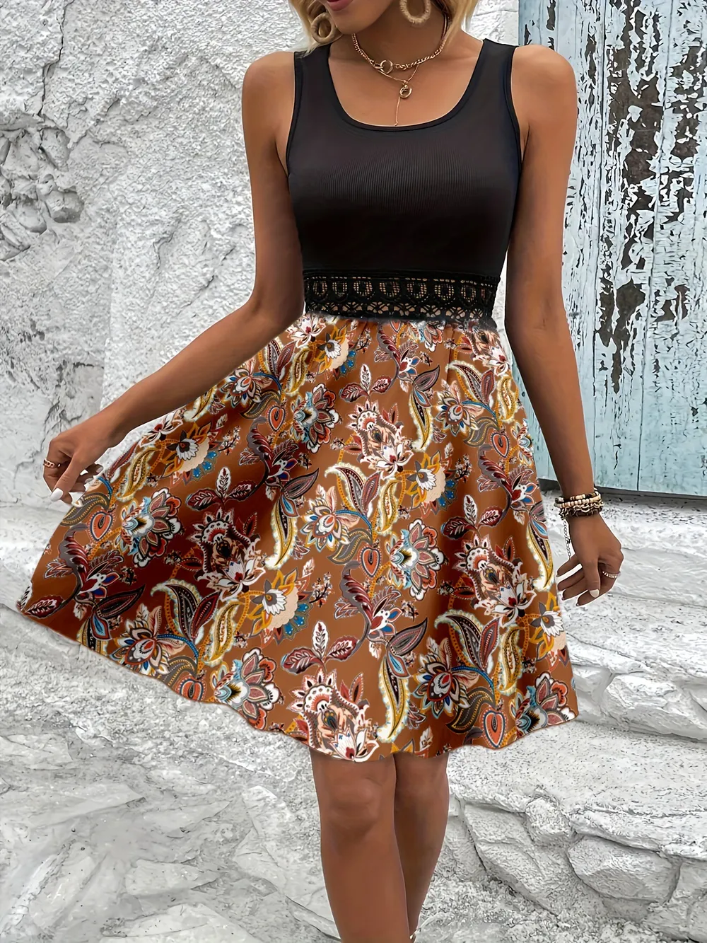 Printed A-Line Tank Dress with Lace Waist Detail, image 18