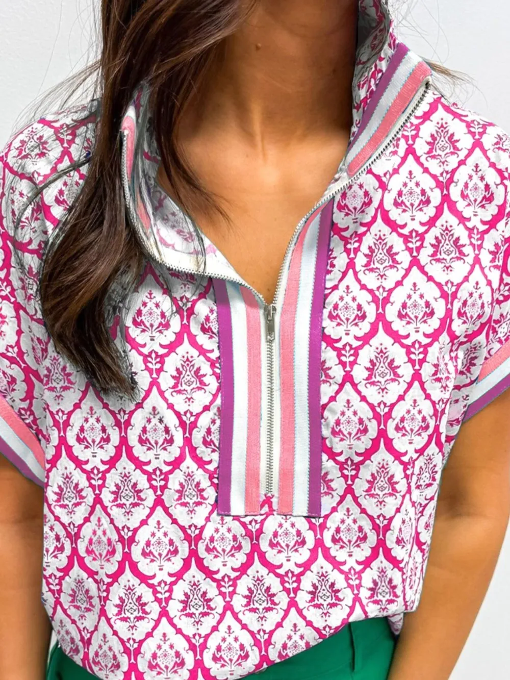 Printed Half Zip Short Sleeve Blouse, image 2