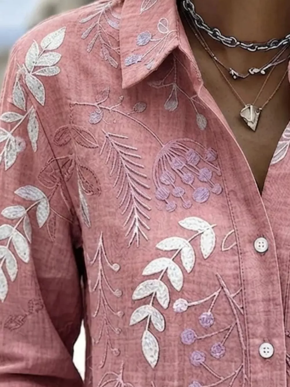Full Size Leaf Embroidered Button-Down Shirt Plus Size, image 4