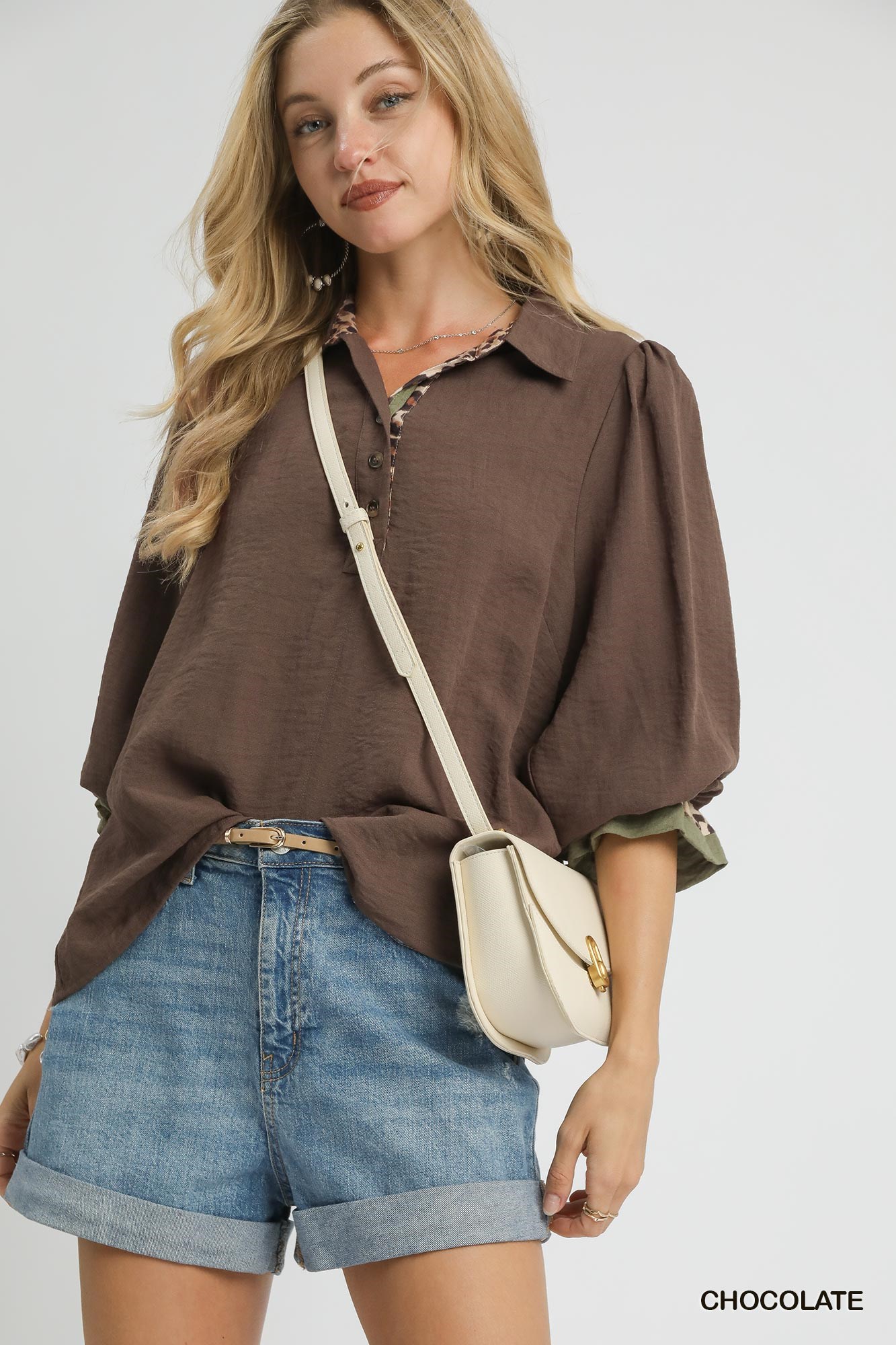 Half Button Blouse with Leopard Print Trim, image 2