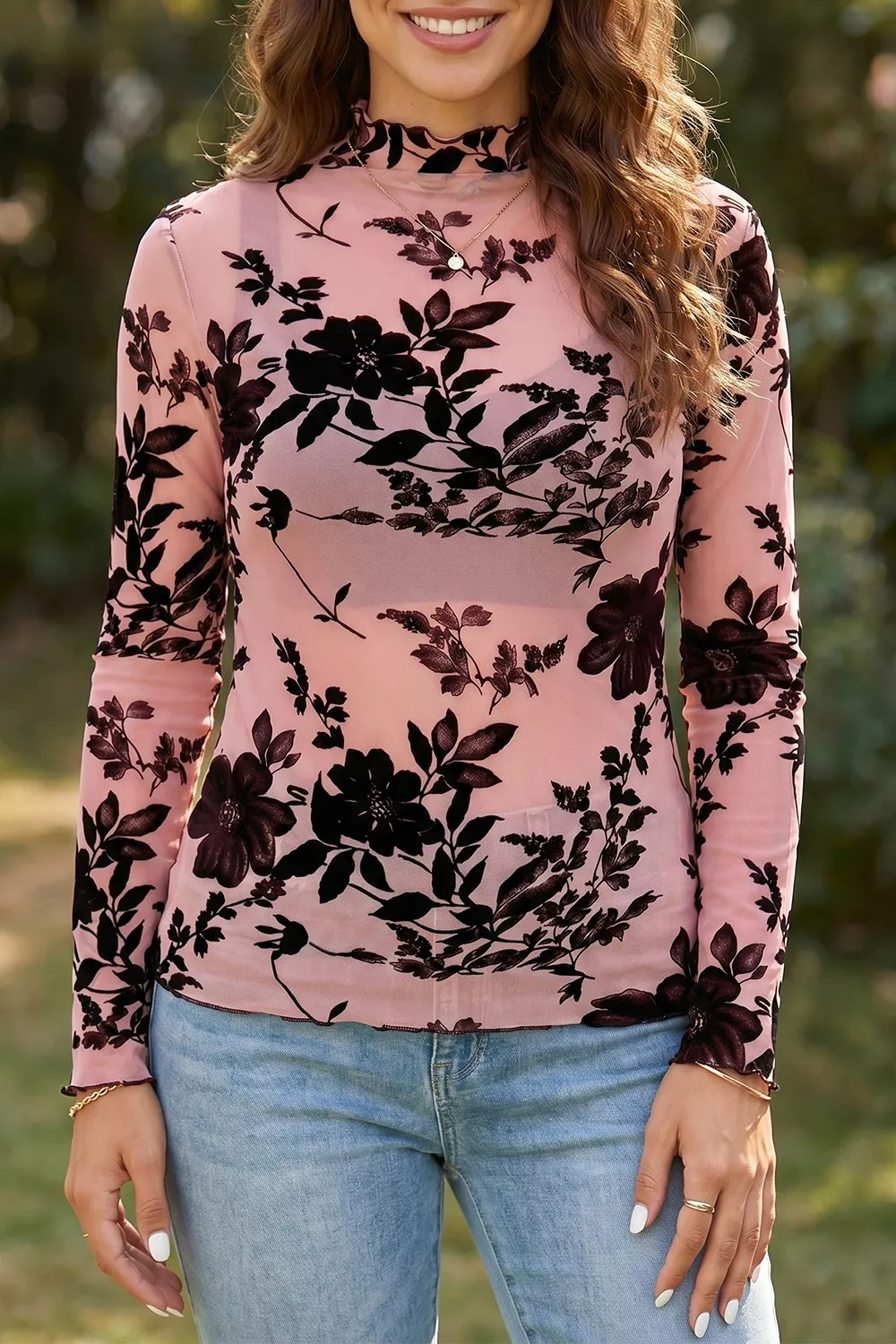 Floral Print Mesh Long Sleeve Pullover Blouse, image 2