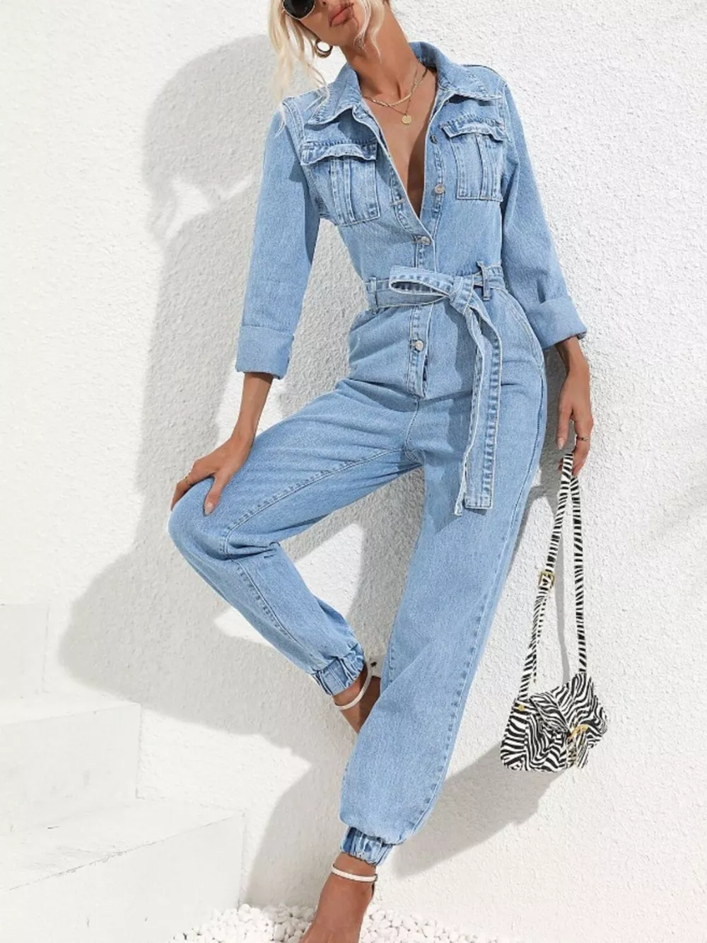 Long Sleeve Button-Up Denim Jumpsuit with Belted Waist and Elastic Cuffs, image 9