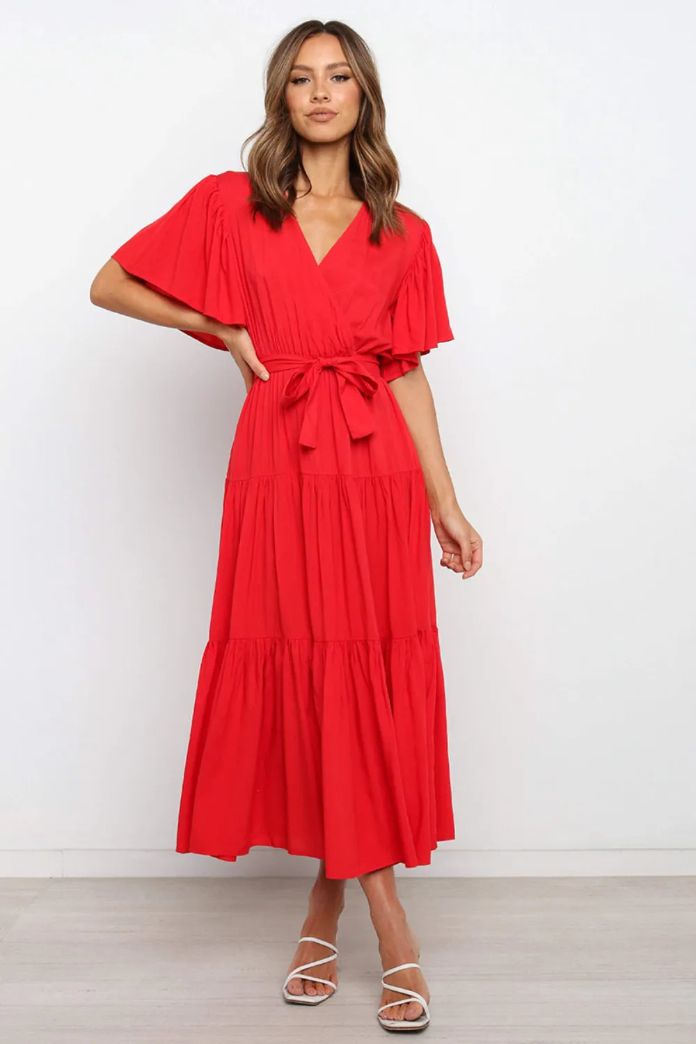 Front Tie Short Sleeve Tiered Midi Dress, image 8