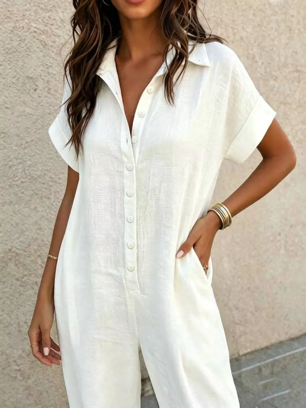 Button Front Short Sleeve Jumpsuit, image 3