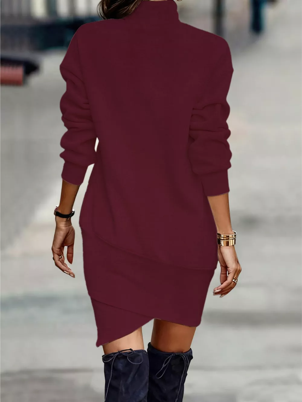 Turtleneck Long Sleeve Asymmetrical Hem Mini Dress, image 5