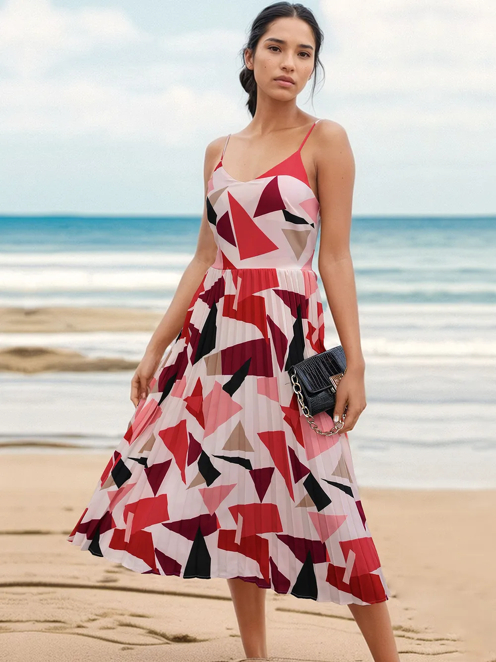Pleated Geometric Spaghetti Strap Dress, image 2