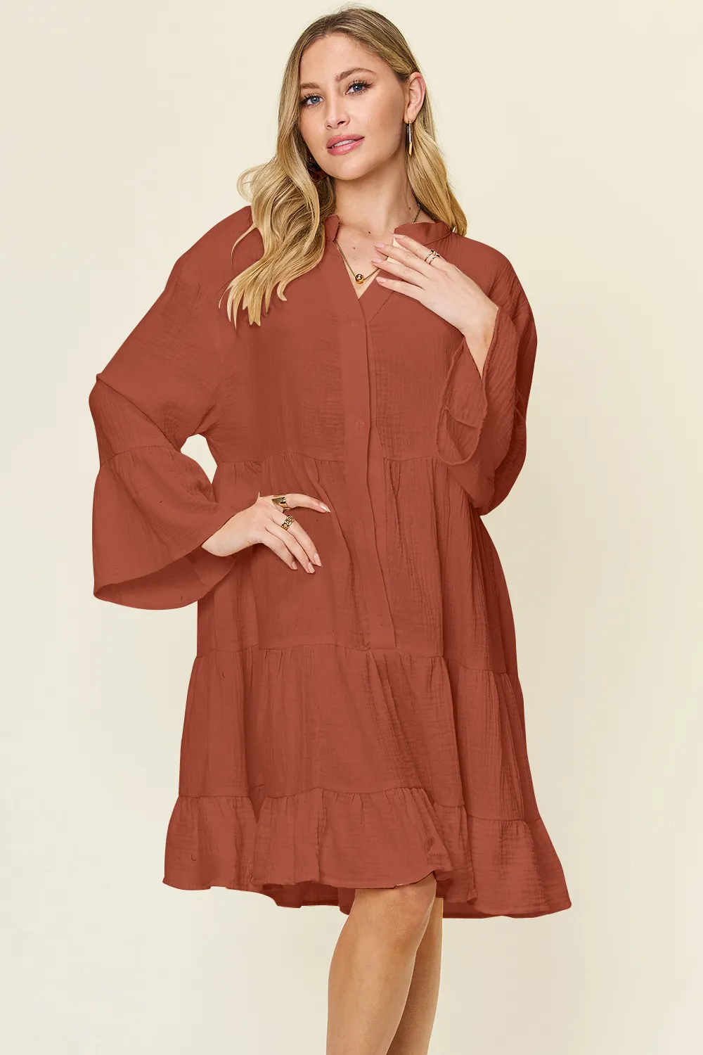 Full Size Texture Button Up Ruffle Hem Dress, image 4