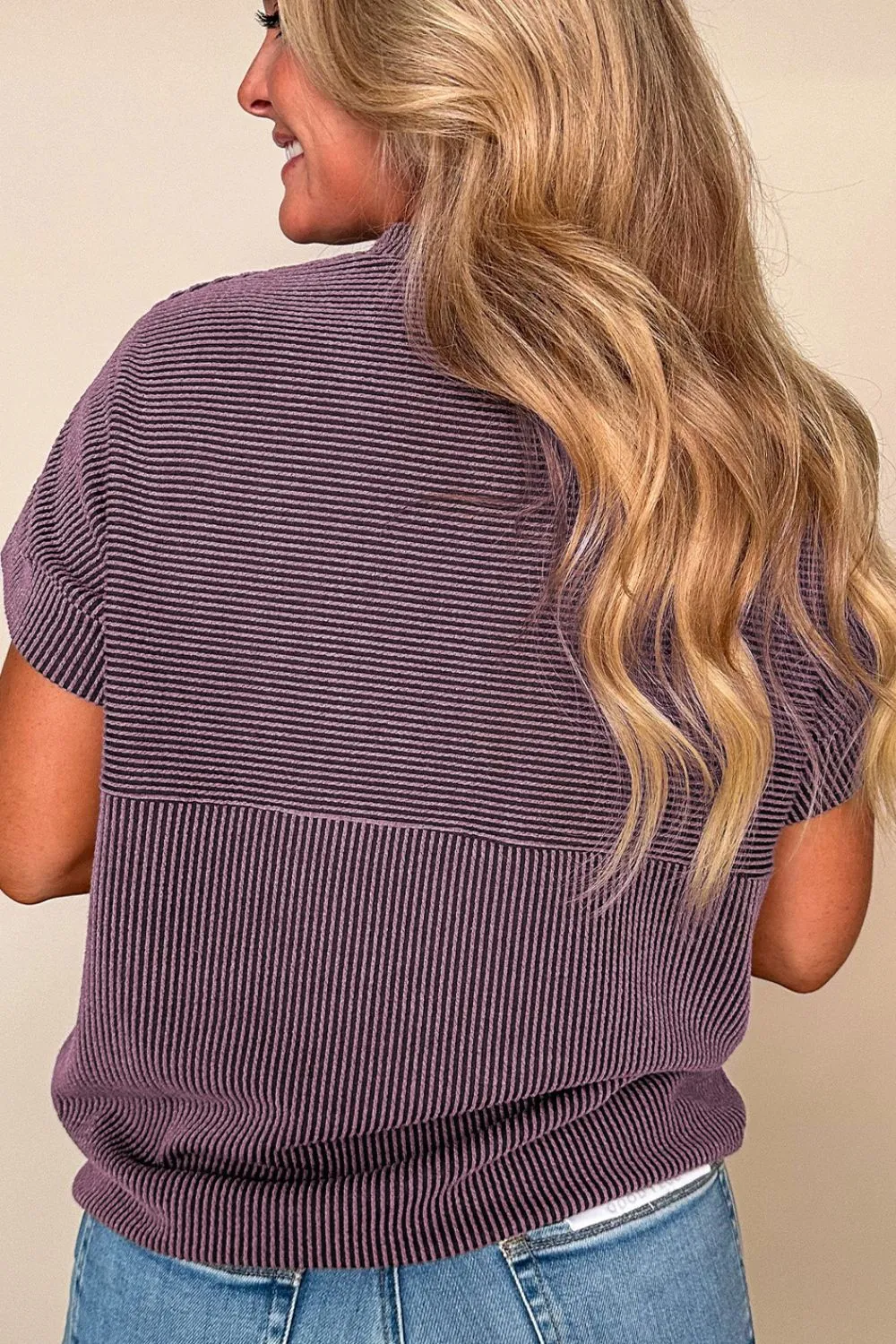 Corded Knit Mock Neck Short Sleeve T Shirt, image 3