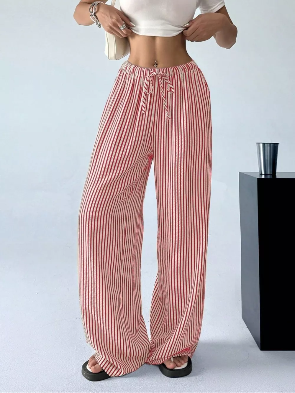 Full Size Striped Drawstring Waist Wide Leg Pants Plus Size, image 2