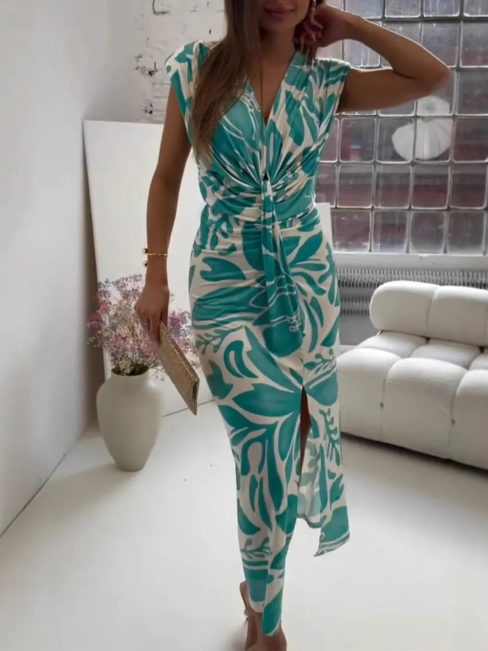 Full Size Slit Printed V-Neck Midi Dress Plus Size, image 5