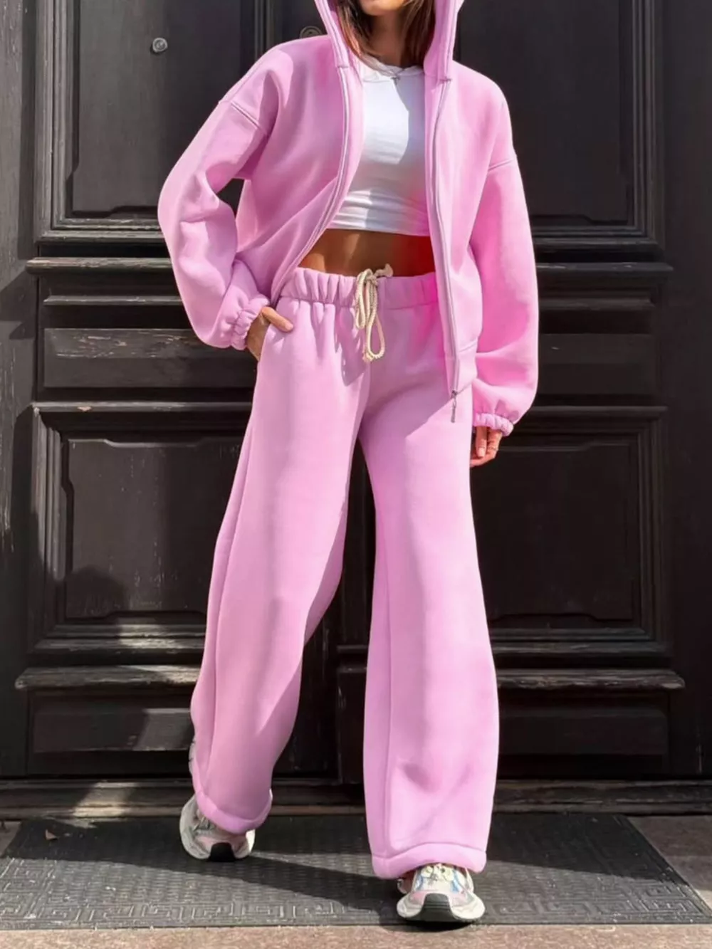 Zip-Up Hoodie and Wide-Leg Sweatpants Set, image 2