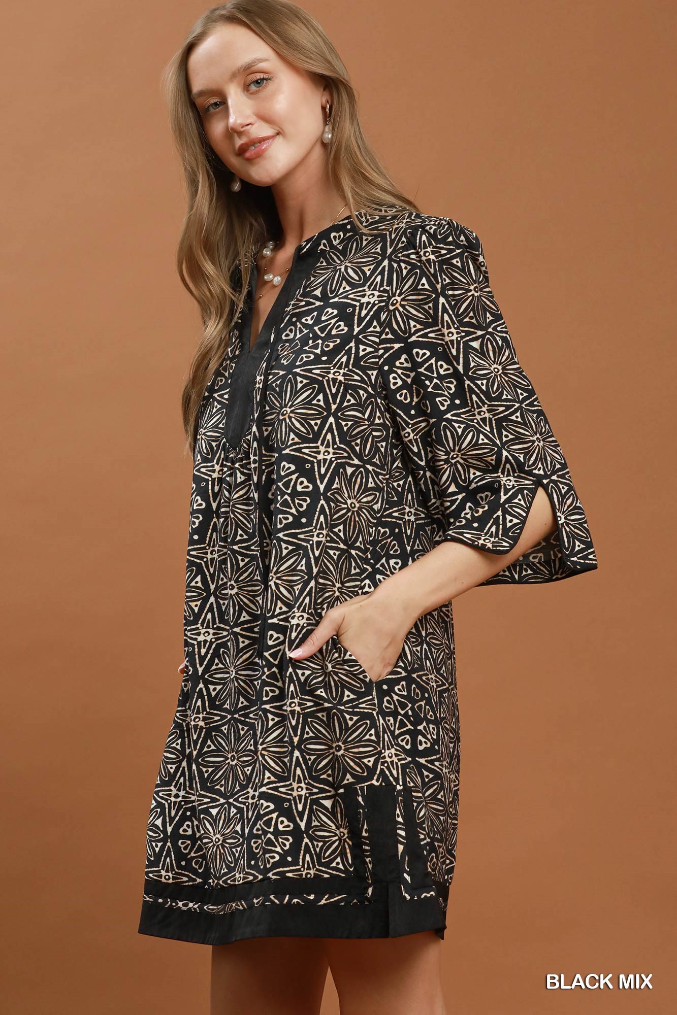 Mix Geometric Print V-Neck Tassel Detail Tunic Dress, image 2