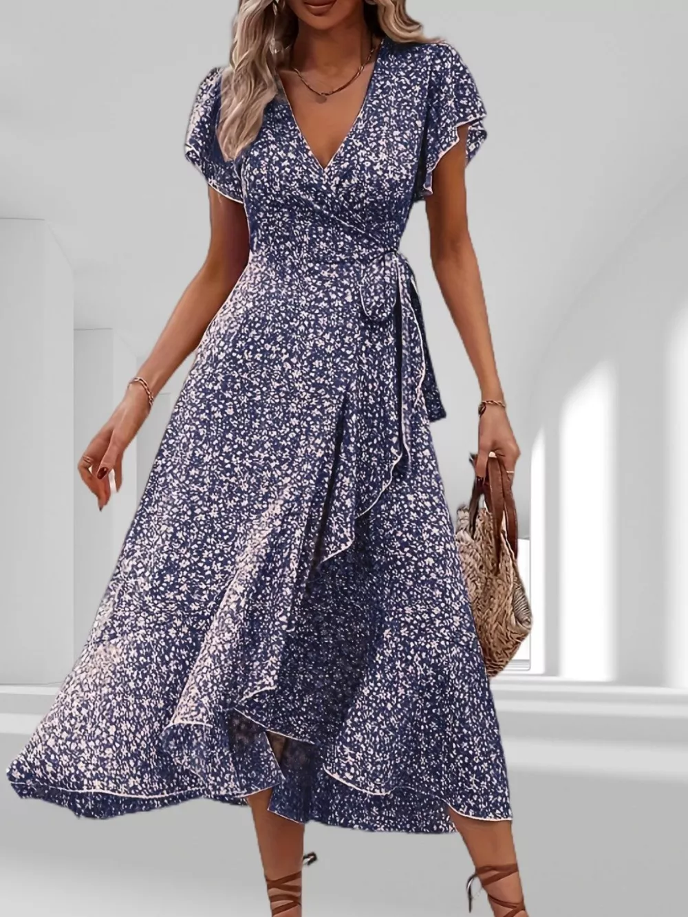 Floral Print Ruffle Hem Wrap Midi Dress, image 2