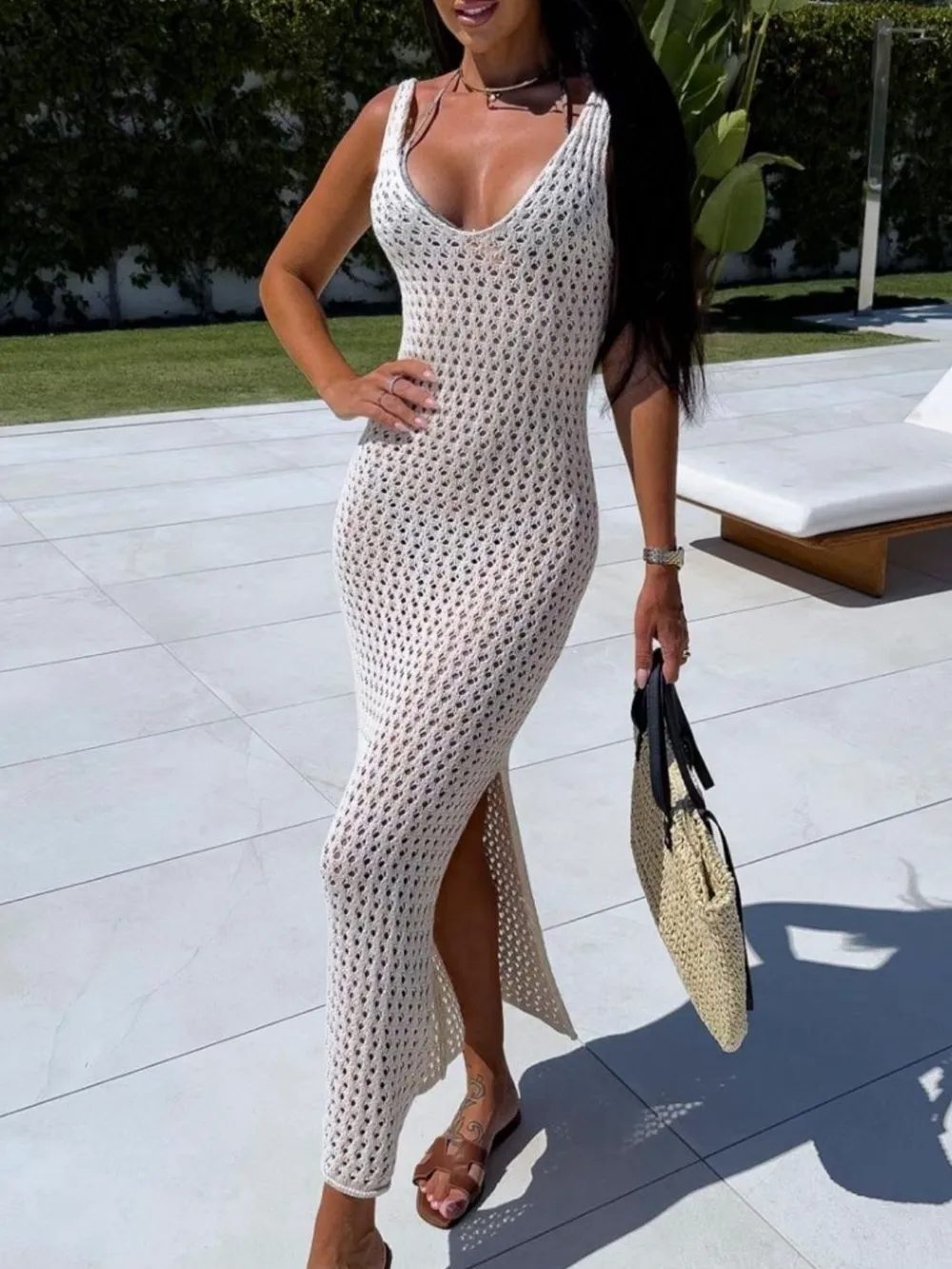 Openwork Slit Sweater Maxi Dress, image 3