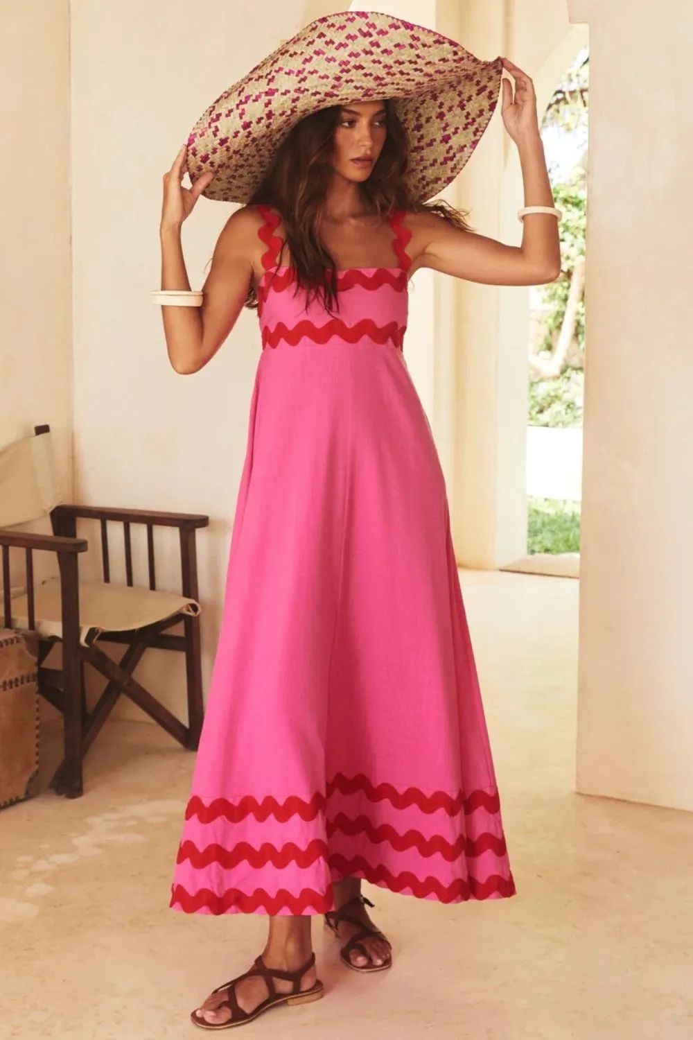 Contrast Trim Square Neck Wide Strap Dress, image 3