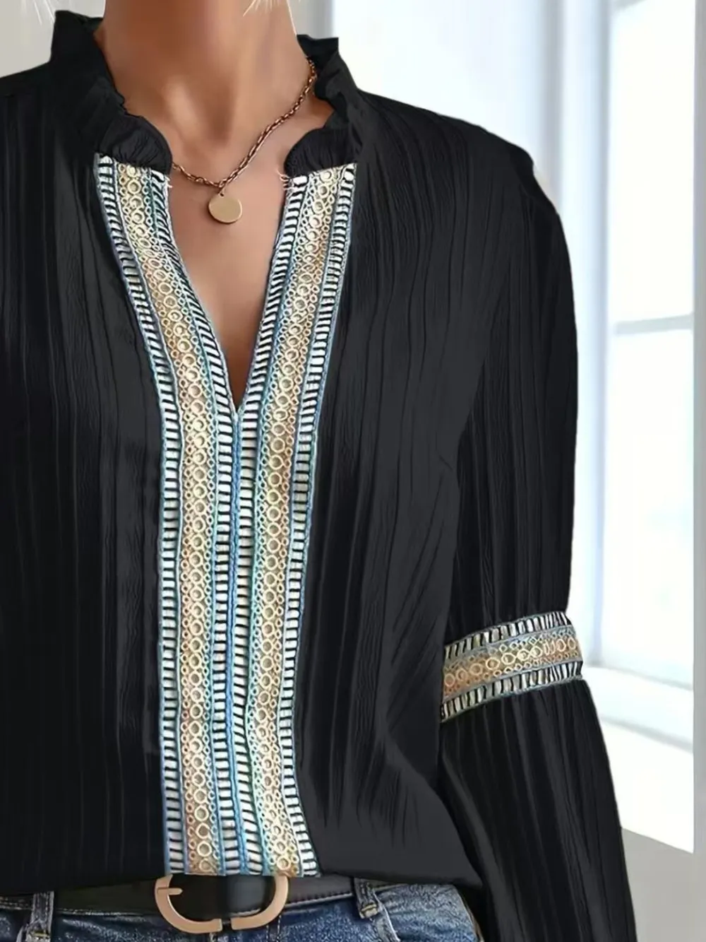Notched Textured Balloon Sleeve Blouse, image 7