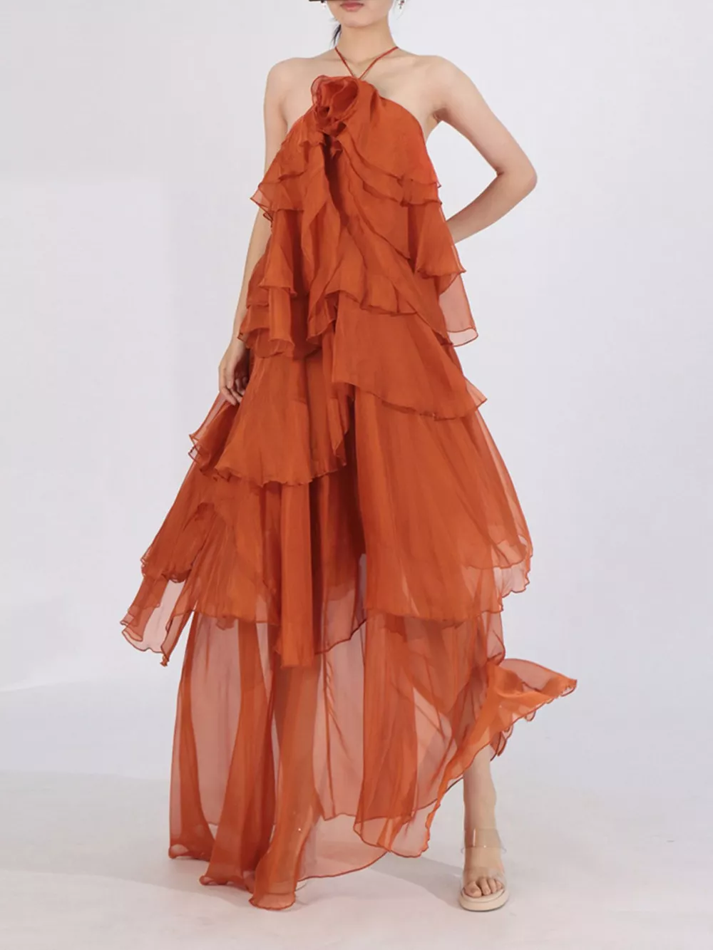 Ruffled Chiffon Halter Neck Maxi Dress, image 5