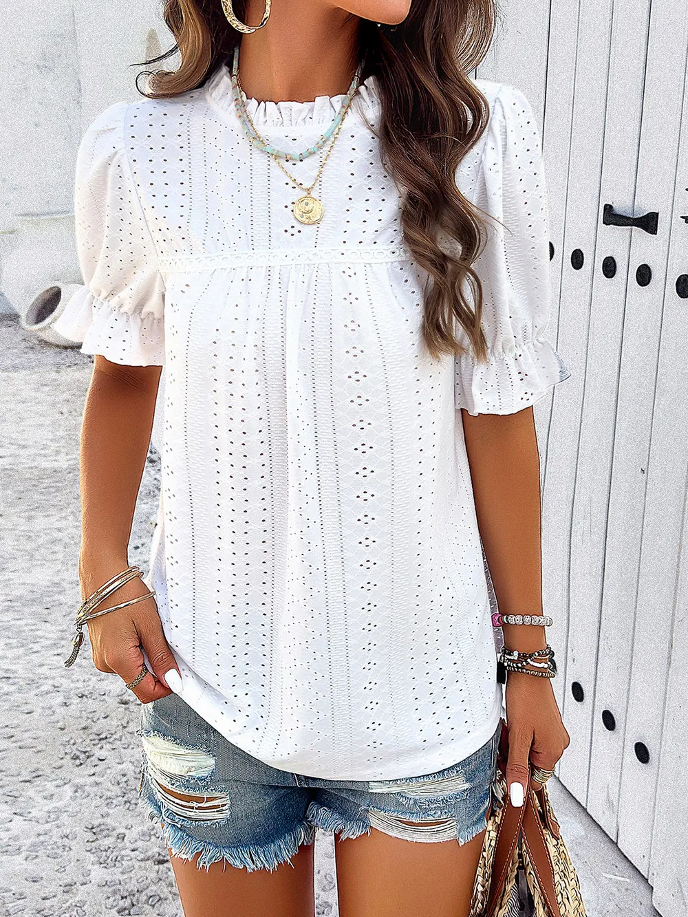 Eyelet Mock Neck Flounce Sleeve Blouse, image 2
