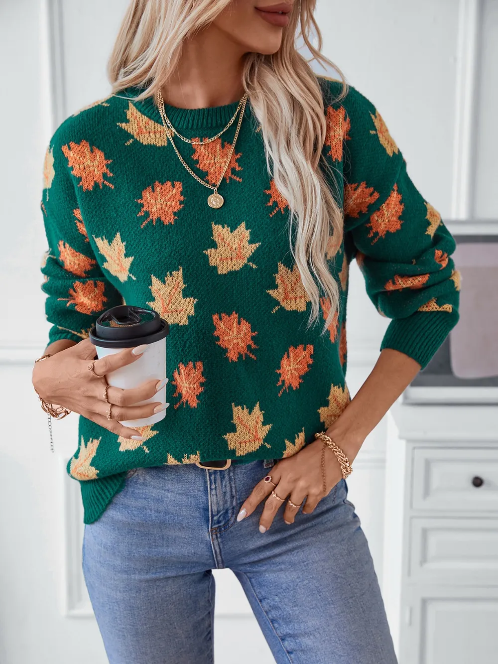 Maple Leaf Round Neck Long Sleeve Sweater, image 5