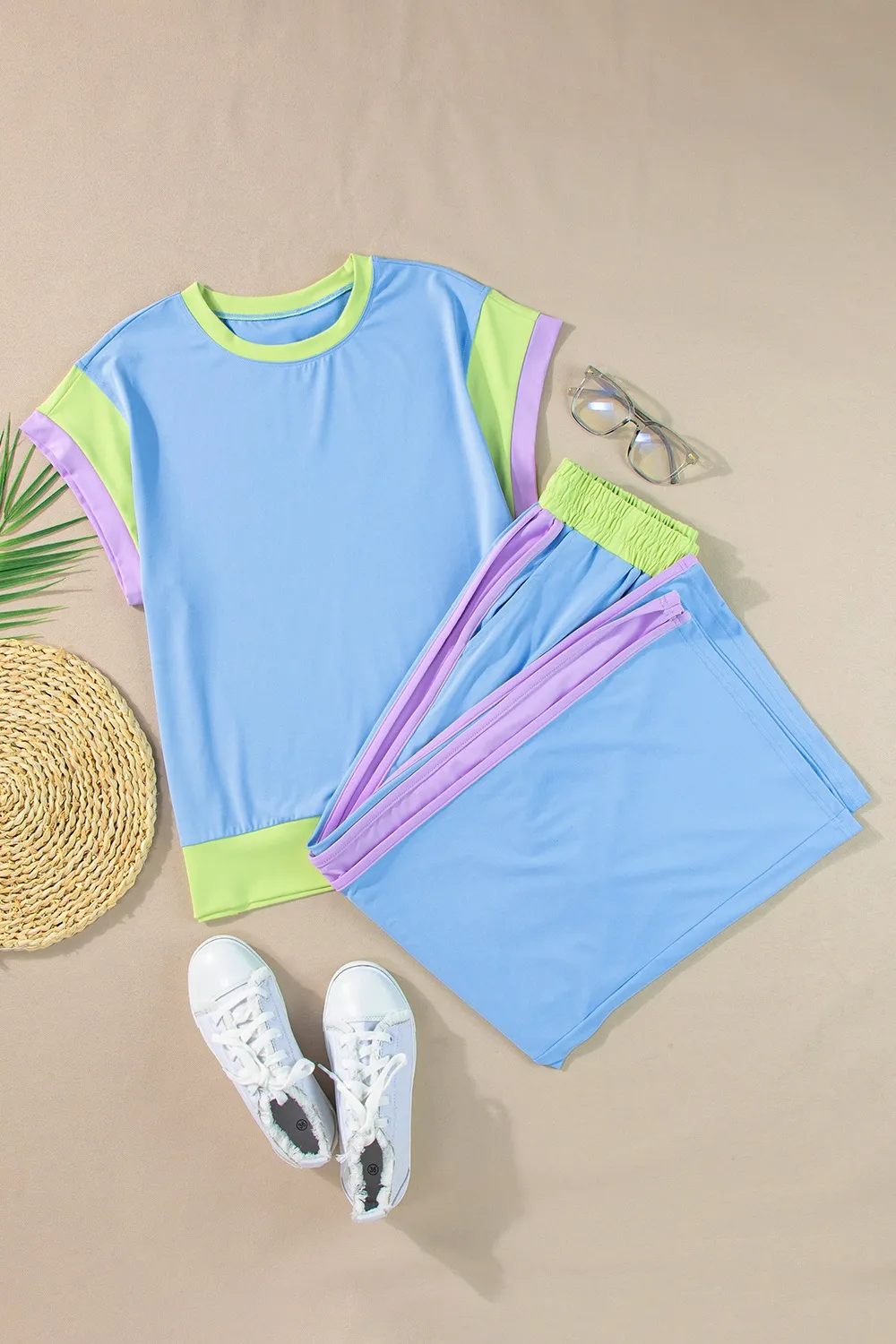 Contrast Round Neck Top and Pants Set, image 4