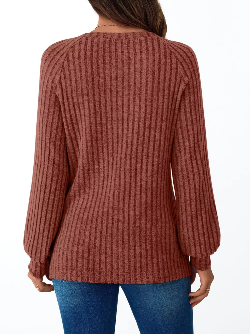 Ribbed Knit Decor Button Long Sleeve T-Shirt, image 24