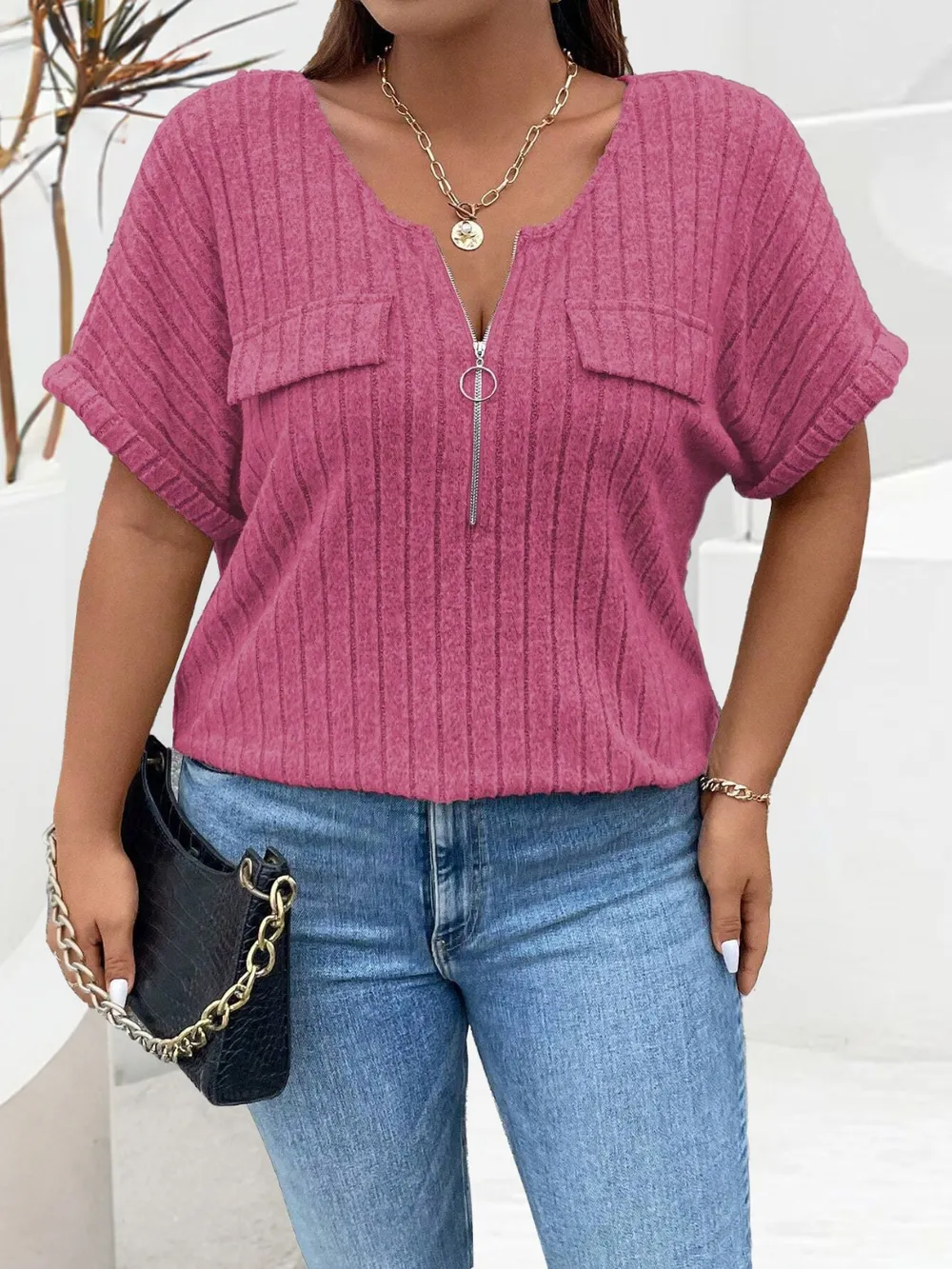 Plus Size Half Zip Short Sleeve T-Shirt, image 2