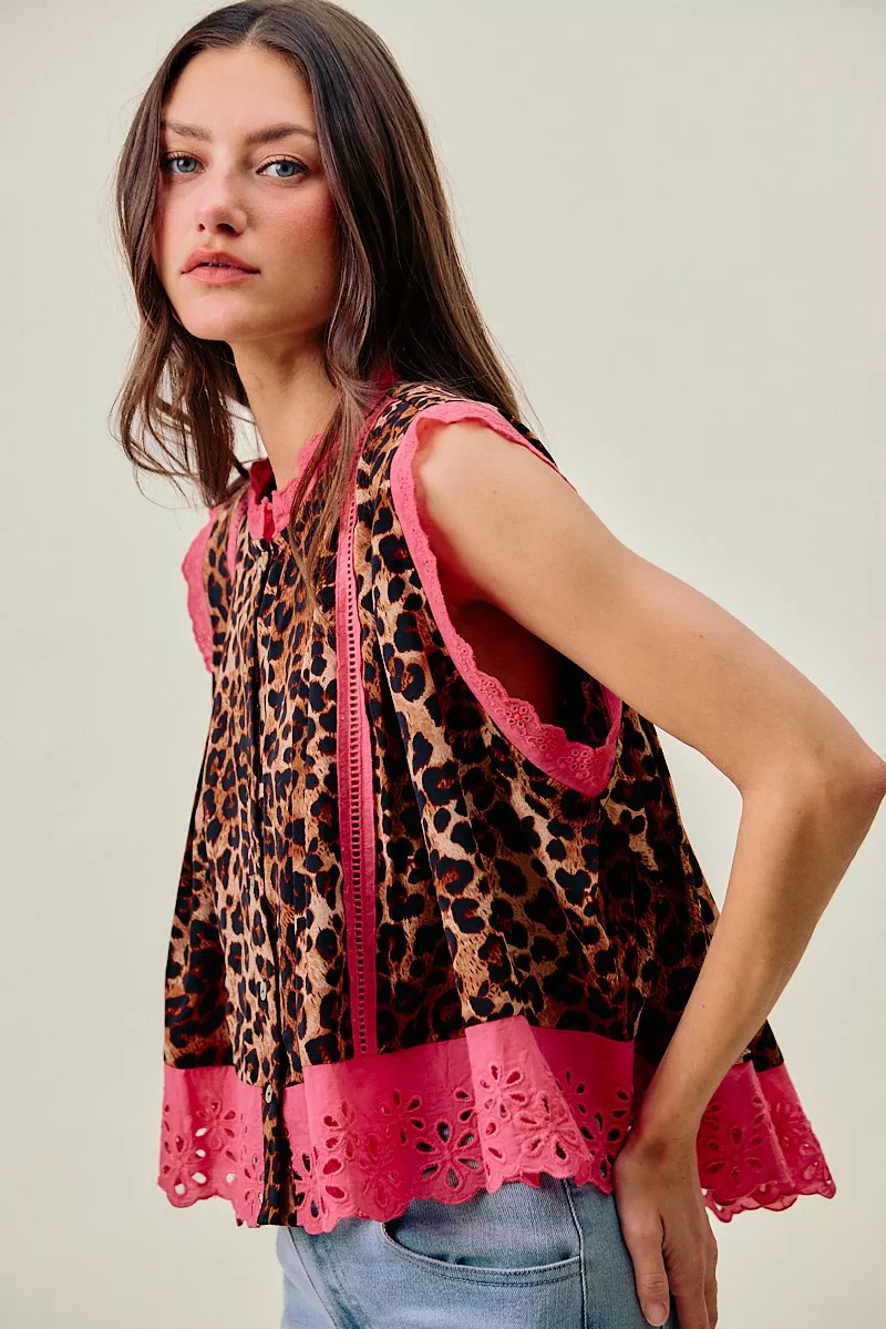 Leopard Button Up Pleated Sleeveless Blouse, image 11
