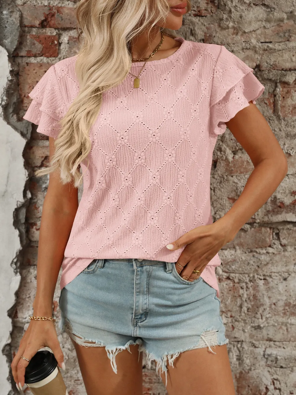 Eyelet Round Neck Double Layered Ruffled Short Sleeve Top, image 11
