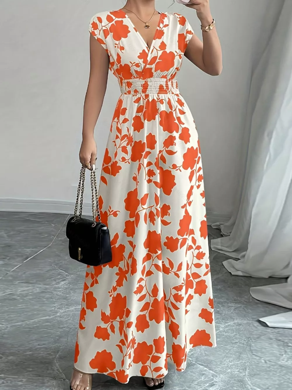 Printed Surplice Cap Sleeve Maxi Dress, image 3