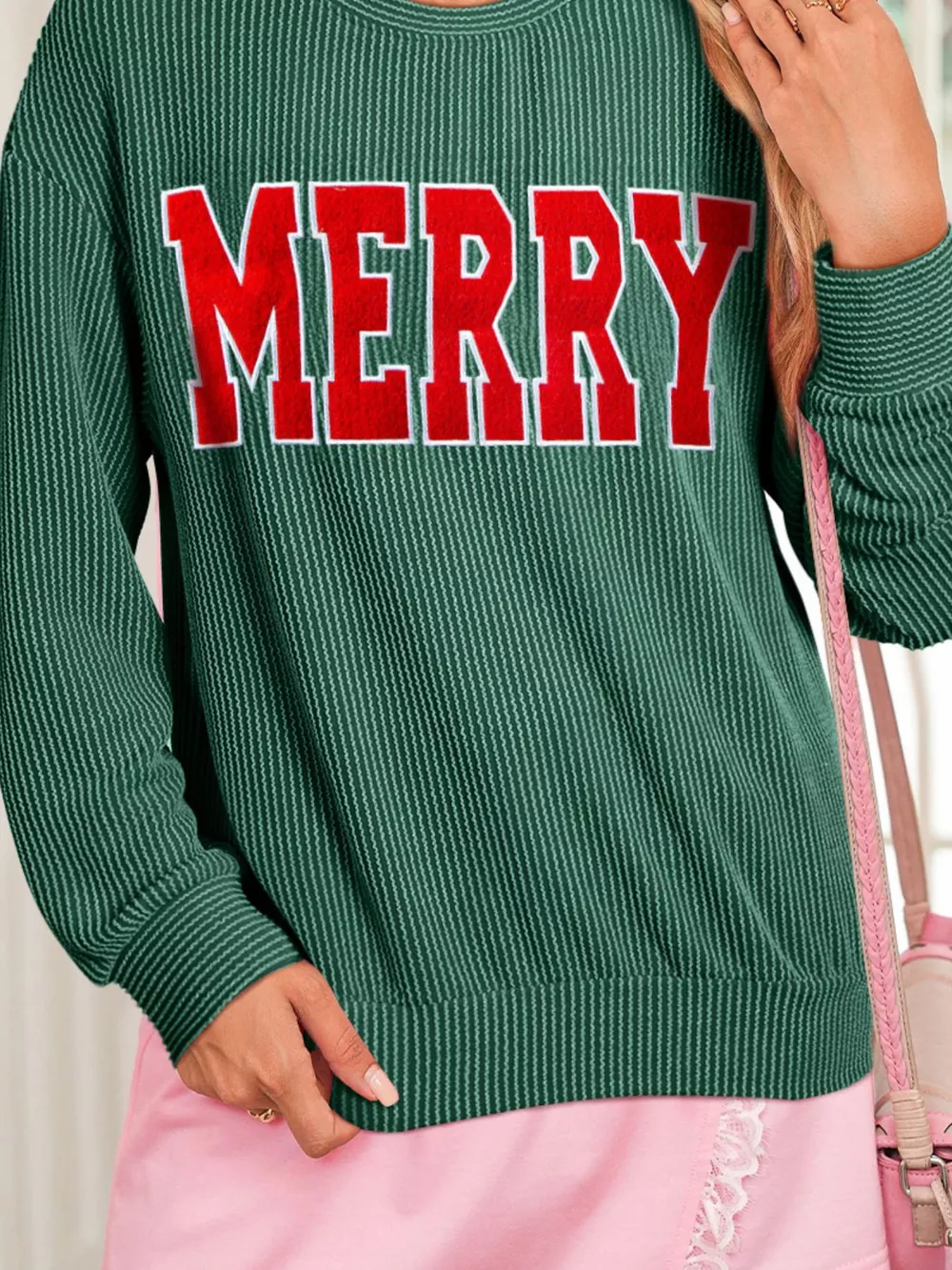 Merry Twisted Rib Christmas Loose Long Sleeve Top, image 3