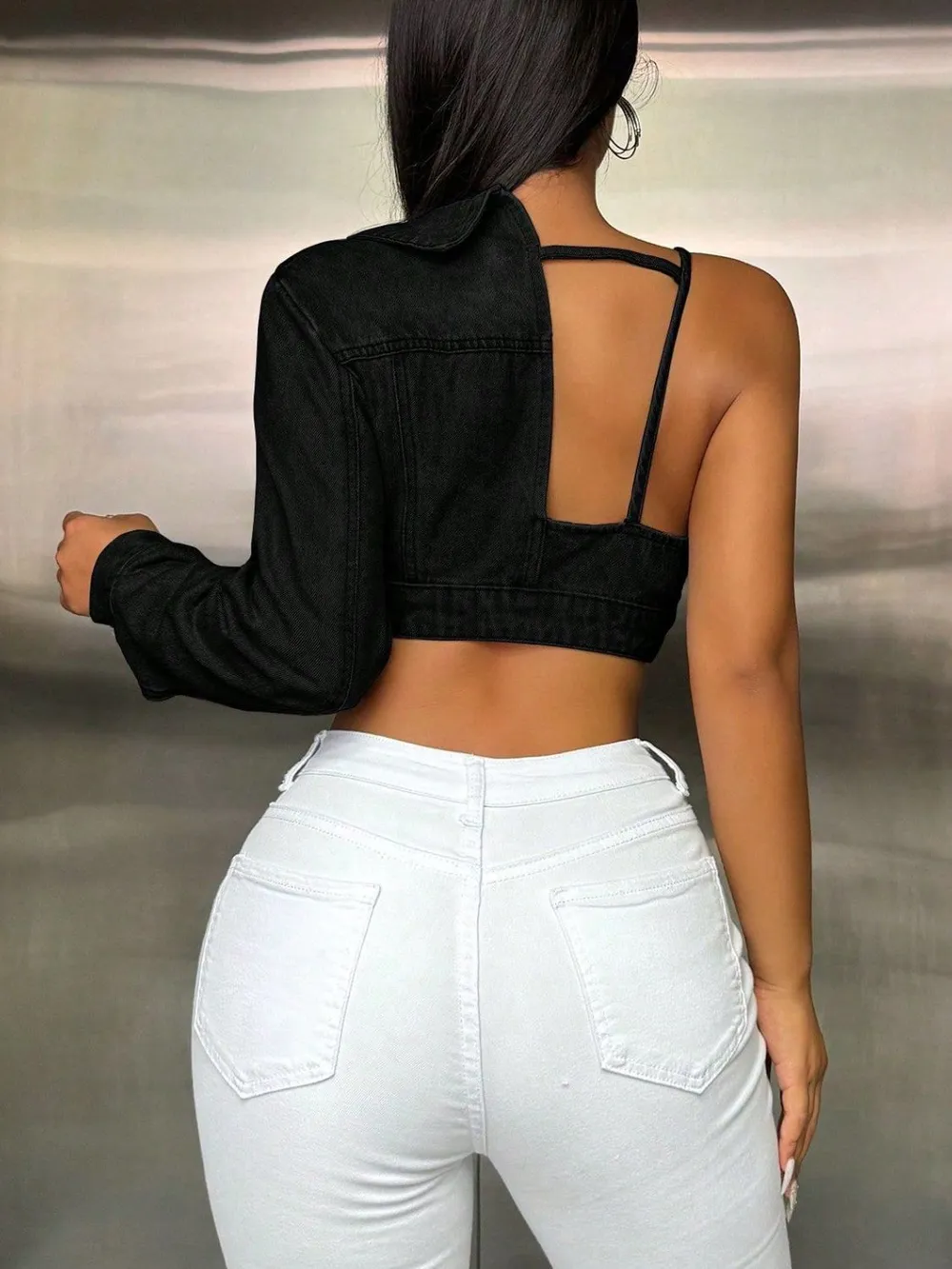 One Shoulder Long Sleeve Cropped Denim Top, image 8