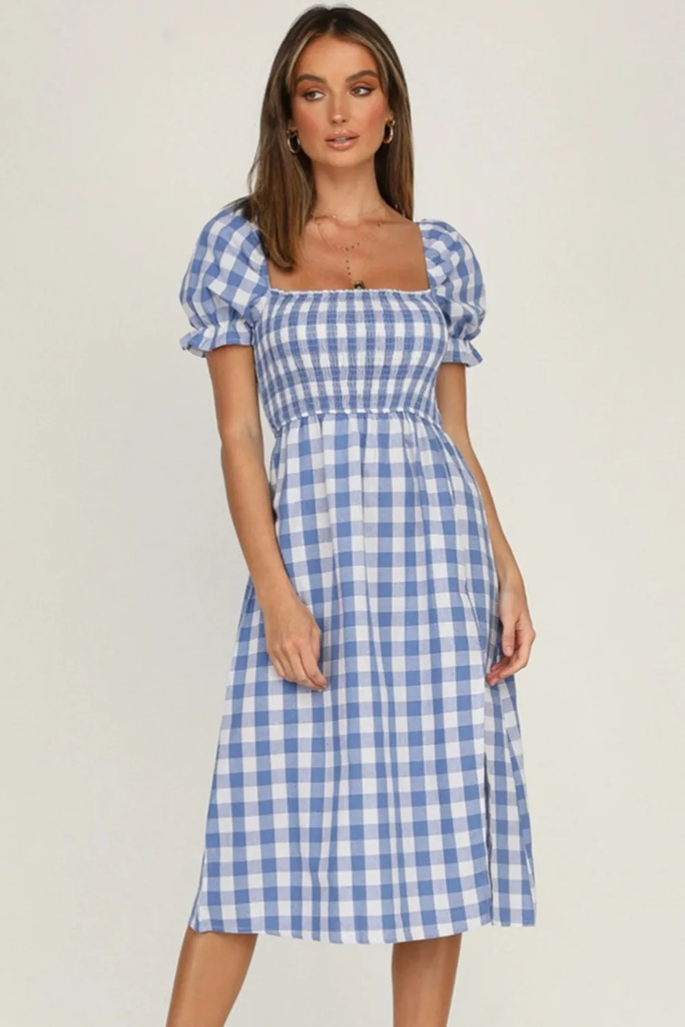 Full Size Slit Plaid Short Sleeve Midi Dress, image 11