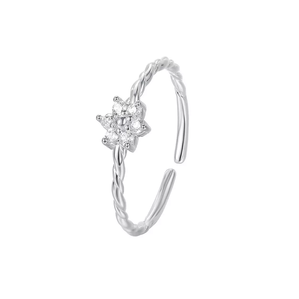 925 Sterling Silver Zircon Flower Open Ring, image 9