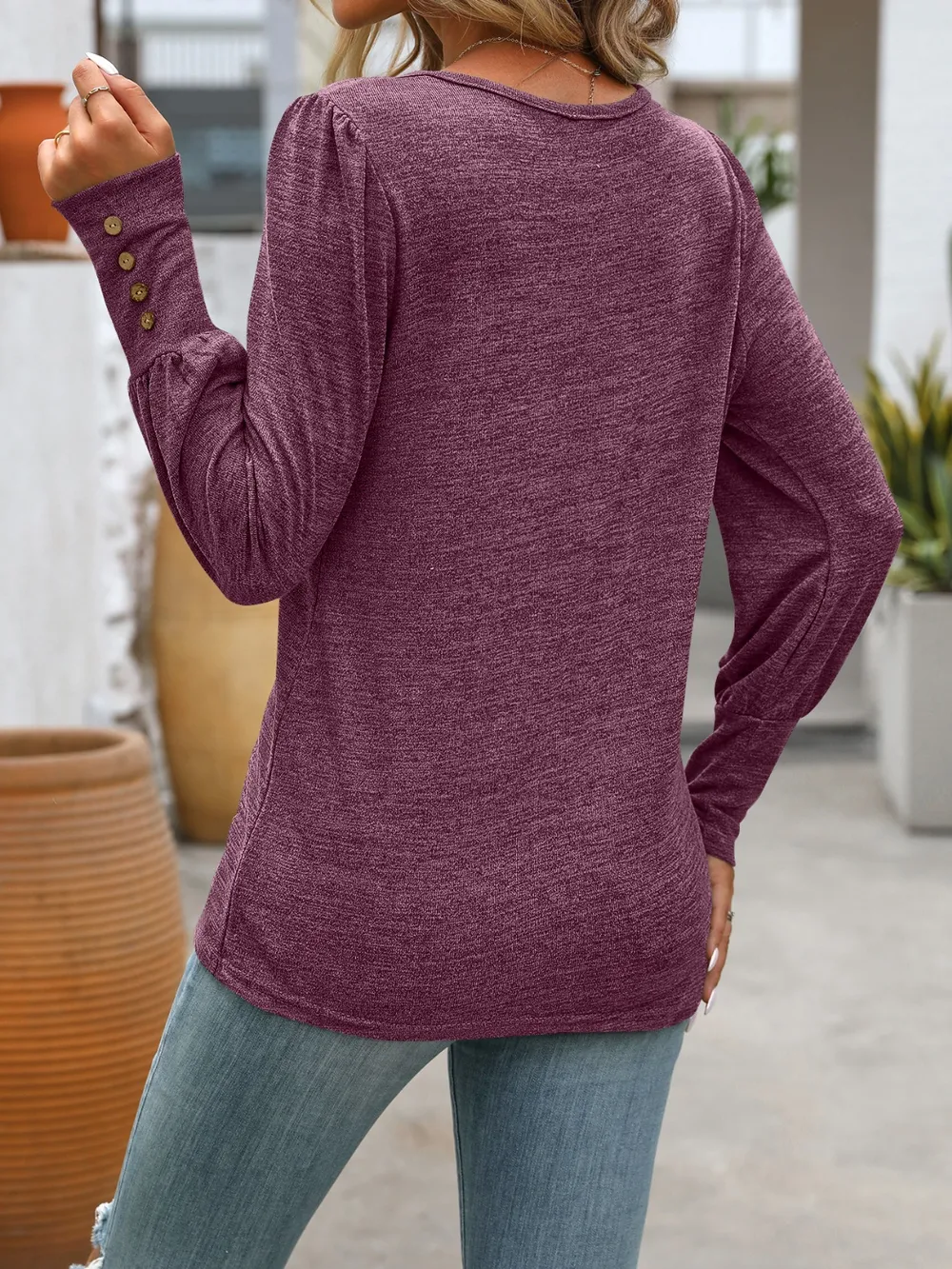 Decorative Button Round Neck Long Sleeve T-Shirt, image 26