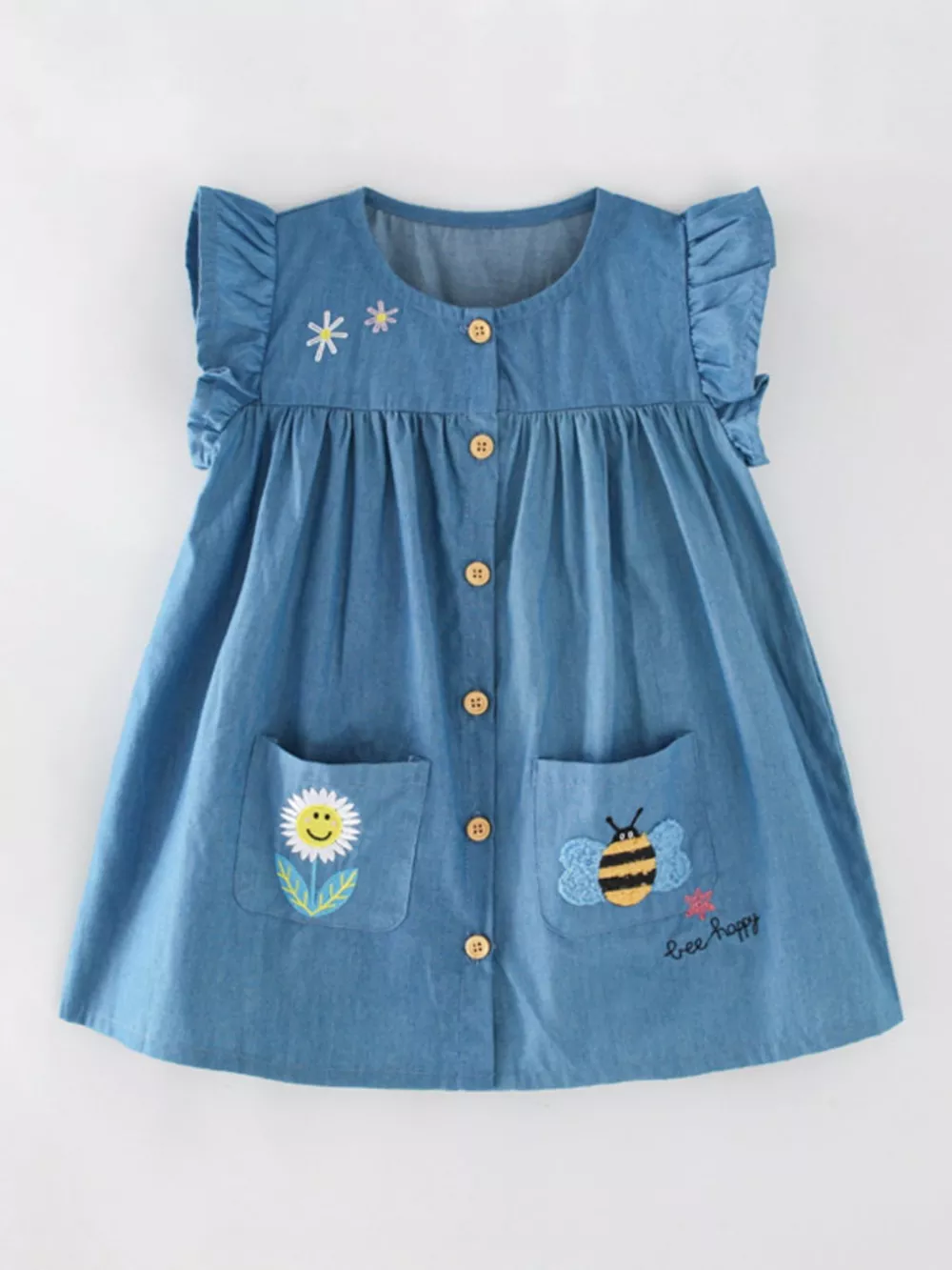 Children's Cute Embroidered Button-Front Denim Dress