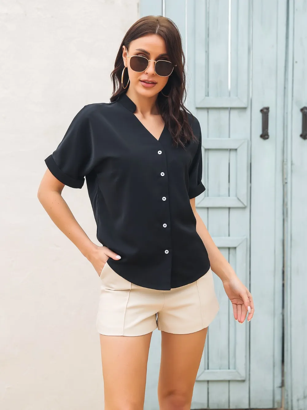 Notched Button Up Short Sleeve Shirt, image 2