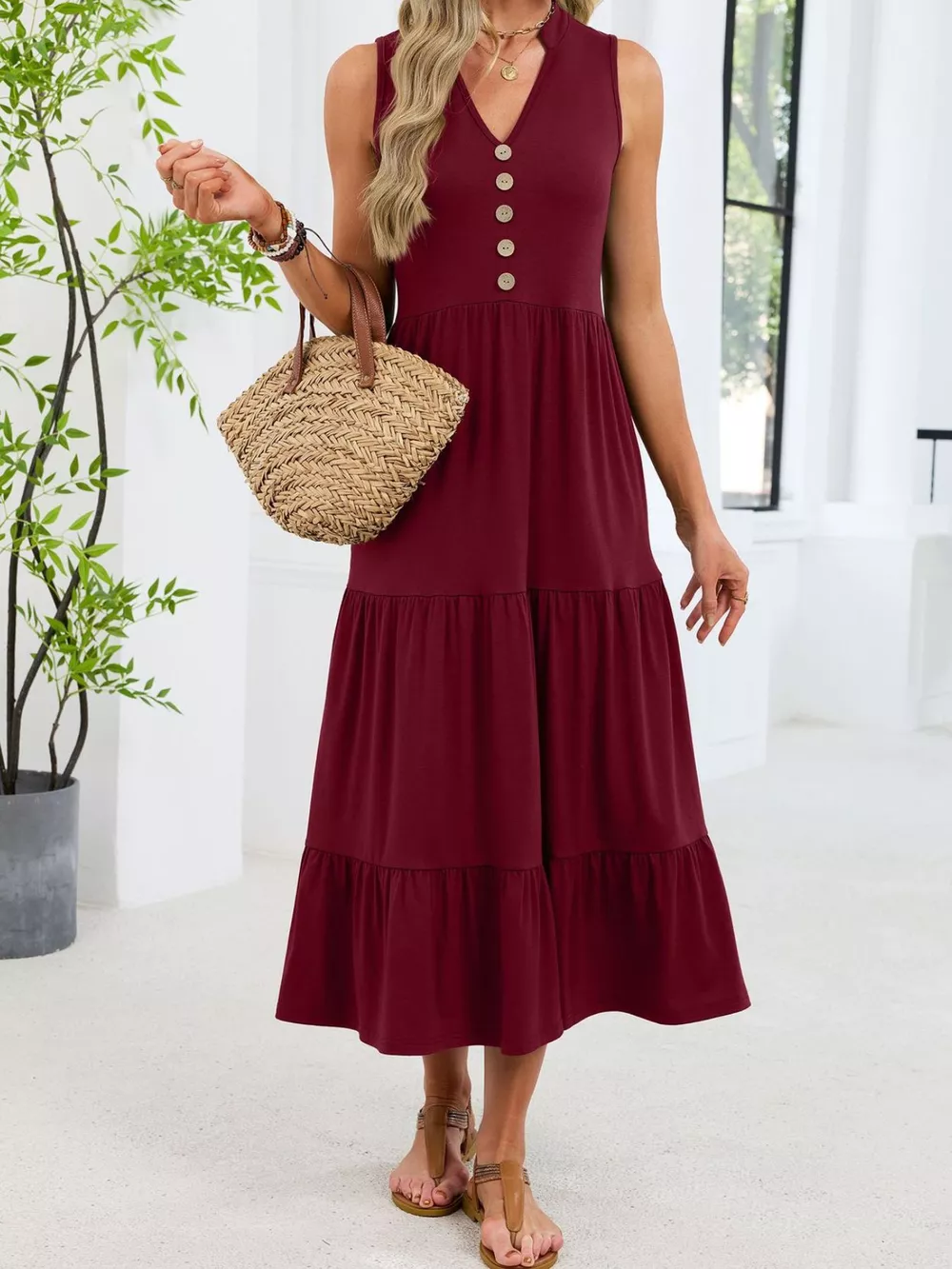 Sleeveless Notched Tiered Midi Dress, image 8
