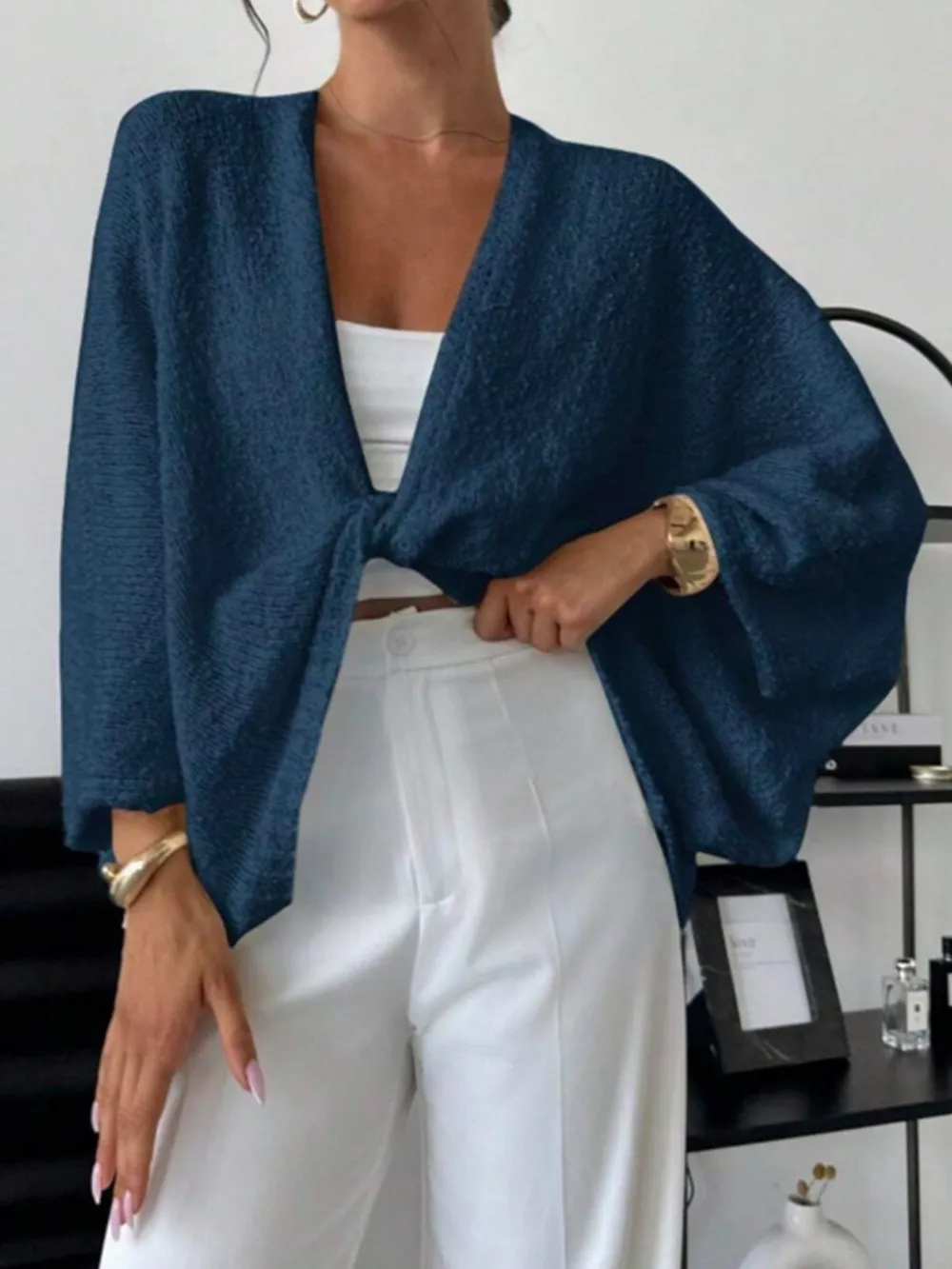 Twist-Front Textured Knit Cardigan, image 2