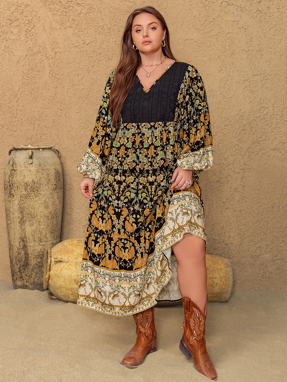 Plus Size Floral V-Neck Balloon Sleeve Midi Dress, image 7