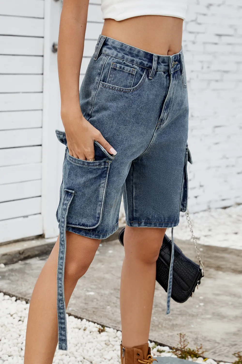 Washed Cargo Denim Shorts, image 6